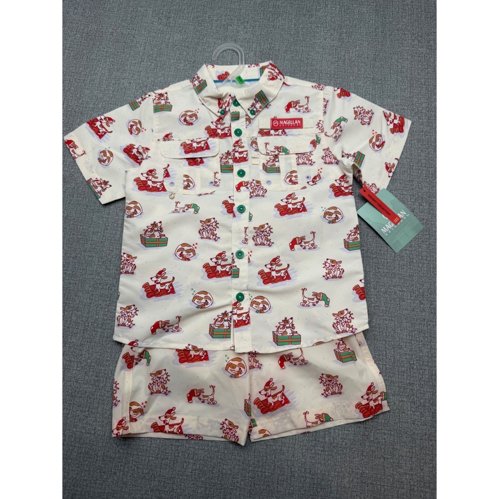 NWT Magellan Outdoors Boys Antique Wht Christmas Pup Fishing Shirt Set 5/6 UPF